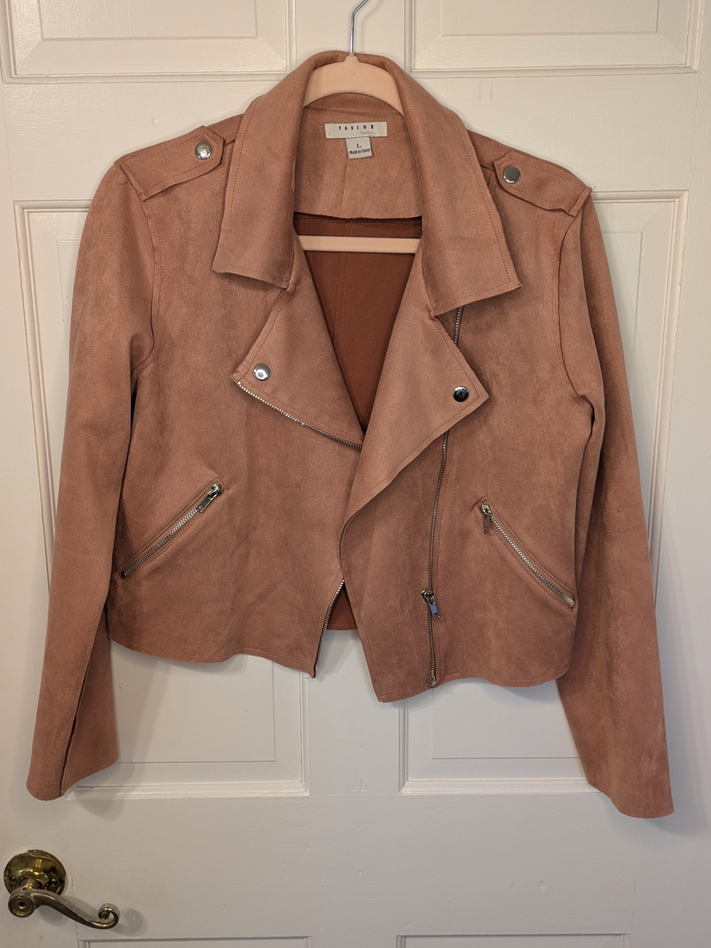 FAVLUX Blush Mauve Pink Faux Suede Moto Leather Zip Up Lightweight Jacket